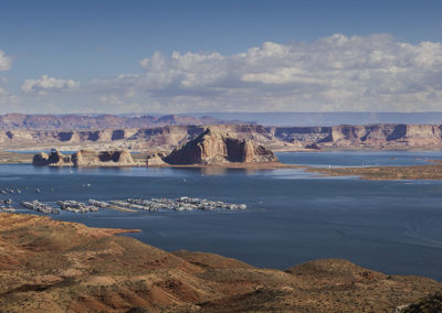 Broad lake view and dramatic rock formations