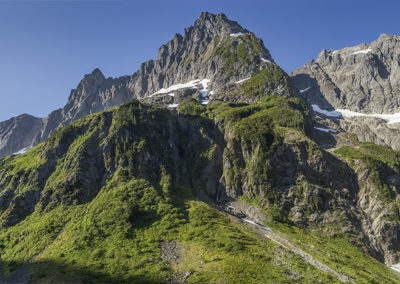 Lush alpine mountains in morning light