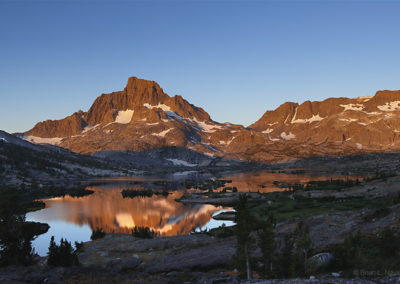 Still mountain reflections in golden light