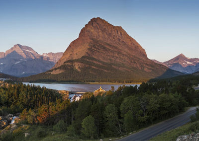 Wide angle view of Rocky Mountain lakes in morning light