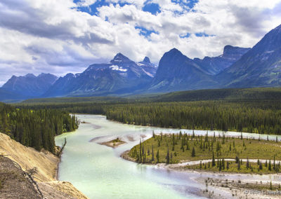 Glacial waters moving in broad river flow.